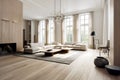 Scandinavian interior design of modern spacious living room. Cre