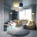 Scandinavian interior design of a playroom for children, designer furniture, cute children's toys