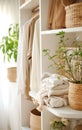 Scandinavian interior with ecological materials. white closet with clothes