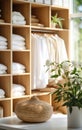 Scandinavian interior with ecological materials. white closet with clothes