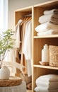 Scandinavian interior with ecological materials. white closet with clothes