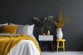 Scandinavian interior with gray wall. A bedroom with a bedside table, lamp, plant. Generative AI