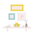 Scandinavian interior with paints, shelf, lemons basket, aromatic, sea shells vector illustration. Royalty Free Stock Photo