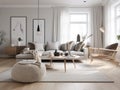 Scandinavian interior style livng room with sofa, coffee table and decoration. Generatvie AI