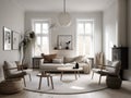 Scandinavian interior style livng room with sofa, coffee table and decoration. Generatvie AI