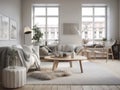 Scandinavian interior style livng room with sofa, coffee table and decoration. Generatvie AI