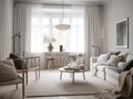 Scandinavian interior style livng room with sofa, coffee table and decoration. Generatvie AI