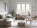 Scandinavian interior style livng room with sofa, coffee table and decoration. Generatvie AI