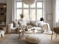 Scandinavian interior style livng room with sofa, coffee table and decoration. Generatvie AI