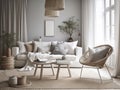 Scandinavian interior style livng room with sofa, coffee table and decoration. Generatvie AI