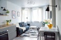 Scandinavian interior style modern studio small apartment in white and grey colors, furniture in living and kitchen area Royalty Free Stock Photo