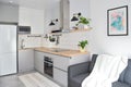 Scandinavian interior style modern studio small apartment in white and grey colors, furniture in living room and kitchen Royalty Free Stock Photo