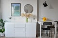 Scandinavian interior style modern studio small apartment in white and grey colors Royalty Free Stock Photo