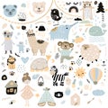 Scandinavian kids doodles elements pattern set color wild animal hand drawn bear lamma cat`s monkey, girl, turtle, lamb, house,