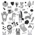 Scandinavian kids doodles elements pattern set of cute monochrome wild animal and characters: zebra, bear, deer, squirrel, cat,