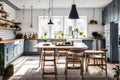 a Scandinavian kitchen with a cozy breakfast nook, pendant lights, and Scandinavian-inspired decor