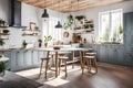 a Scandinavian kitchen with a cozy breakfast nook, pendant lights, and Scandinavian-inspired decor