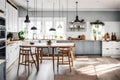 A Scandinavian kitchen with a cozy breakfast nook, pendant lights, and Scandinavian-inspired decor, 3d render