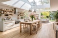 Scandinavian kitchen flooded with natural light through large windows