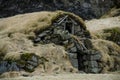 Old stone house destroyed ancient Viking overgrown with yellow dry grass in Iceland Royalty Free Stock Photo