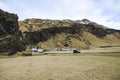 Old stone house destroyed ancient Viking overgrown with yellow dry grass in Iceland Royalty Free Stock Photo