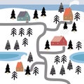 Scandinavian landscape red houses, sea, winter, pine trees, spruce, mountains, hills, fjord. Minimalist Nordic nature