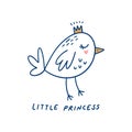 Scandinavian little princess bird wildlife folk animal vector design, cute baby shower girl artwork concept