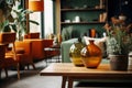 Scandinavian living room with autumnal teal and orange decor, featuring sustainable materials