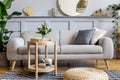 Scandinavian living room interior with design grey sofa, wooden coffee table, tropical plants, shelf, mirror, furniture, plaid.