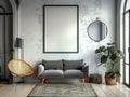 Scandinavian living room interior with grey sofa, armchair, plants and vintage suitcase. 3d render