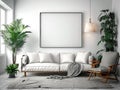 Scandinavian living room interior with white sofa, armchair, plants and black frame mockup