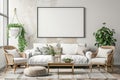 Scandinavian living room interior with white sofa, rattan armchairs, and wooden coffee table