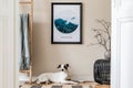 Scandinavian living room with mockup poster frame, stylish furnitures and elegant accessories. Beautiful dog lies on the parquet.