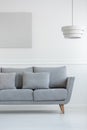 Scandinavian living room sofa in white daily room interior with painting on the wall and lamp above Royalty Free Stock Photo