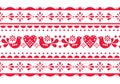 Scandinavian love, Valentine`s Day folk art seamless vector long pattern, floral cute Nordic design with birds, hearts and flowers