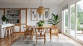 Scandinavian mid-century home interior design modern white kitchen with green plants Royalty Free Stock Photo