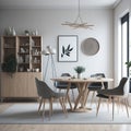 Scandinavian Mid-Century Modern Home Design Living Room, Round Dinning Table and Chairs, Sofa and Cabinet Near Wall, Mock Up Frame Royalty Free Stock Photo