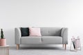 Scandinavian minimal design with grey sofa, real photo with copy space on the wall Royalty Free Stock Photo