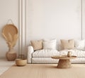 Scandinavian minimalism in the living space. Modern 3D visualization of the interior in light beige tones