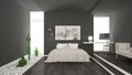 Scandinavian minimalist gray bedroom with succulent garden, wood