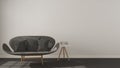 Scandinavian minimalistic background, with gray sofa on herringbone natural parquet flooring, interior design Royalty Free Stock Photo