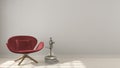 Scandinavian minimalistic background, with red armchair on herringbone natural parquet flooring, interior design Royalty Free Stock Photo