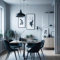 Scandinavian Modern Dinning Room, Table and Chairs, Home Decorations, Window with Sun Light, Generative AI Royalty Free Stock Photo