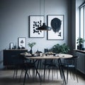 Scandinavian Modern Dinning Room, Table and Chairs, Home Decorations, Window with Sun Light, Generative AI Royalty Free Stock Photo