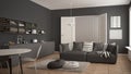 Scandinavian modern living room with kitchen, dining table, sofa and rug with pillows, minimalist white and gray architecture inte