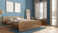 Scandinavian modern wooden bedroom with rattan furniture in blue tones, frame mockup, double bed with duvet and pillows, window Royalty Free Stock Photo
