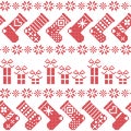 Scandinavian Nordic Christmas pattern with stockings, stars, snowflakes, presents in cross stitch in red Royalty Free Stock Photo