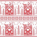 Scandinavian Nordic Christmas seamless pattern with ginger bread house, stockings, gloves, reindeer, snow, snowflakes, tree, Xmas