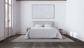 Scandinavian nordic dark wooden bedroom in white and beige tones. Double bed, side tables and carpet. Parquet floor and beams Royalty Free Stock Photo