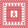 Scandinavian Nordic winter cross stitch, knitting Christmas pattern in square, tile shape including snowflakes, trees, hearts